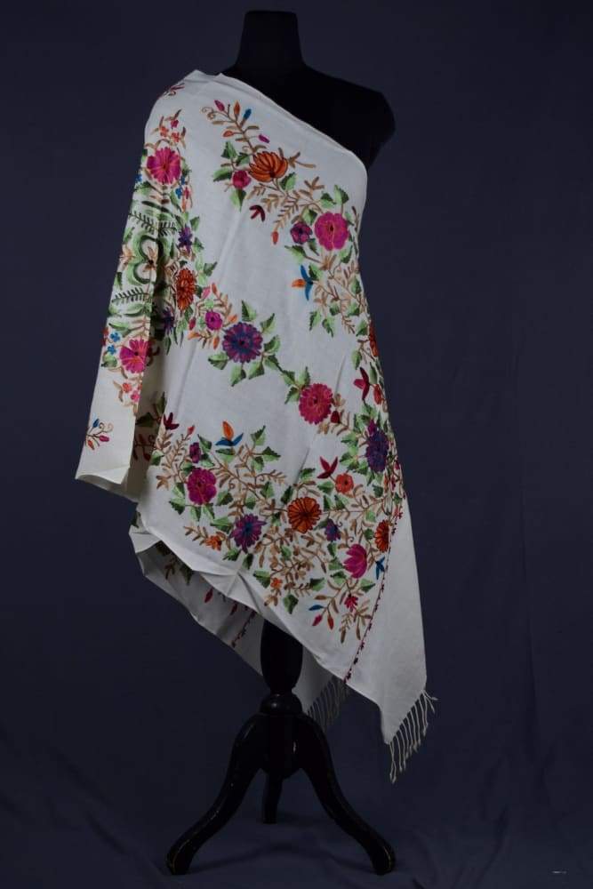 White Color Kashmiri Work Embroidered Stole Enriched