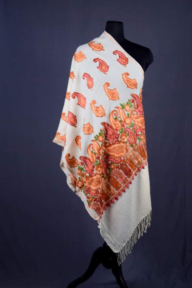 White Color Kashmiri Work Embroidered Stole Enriched