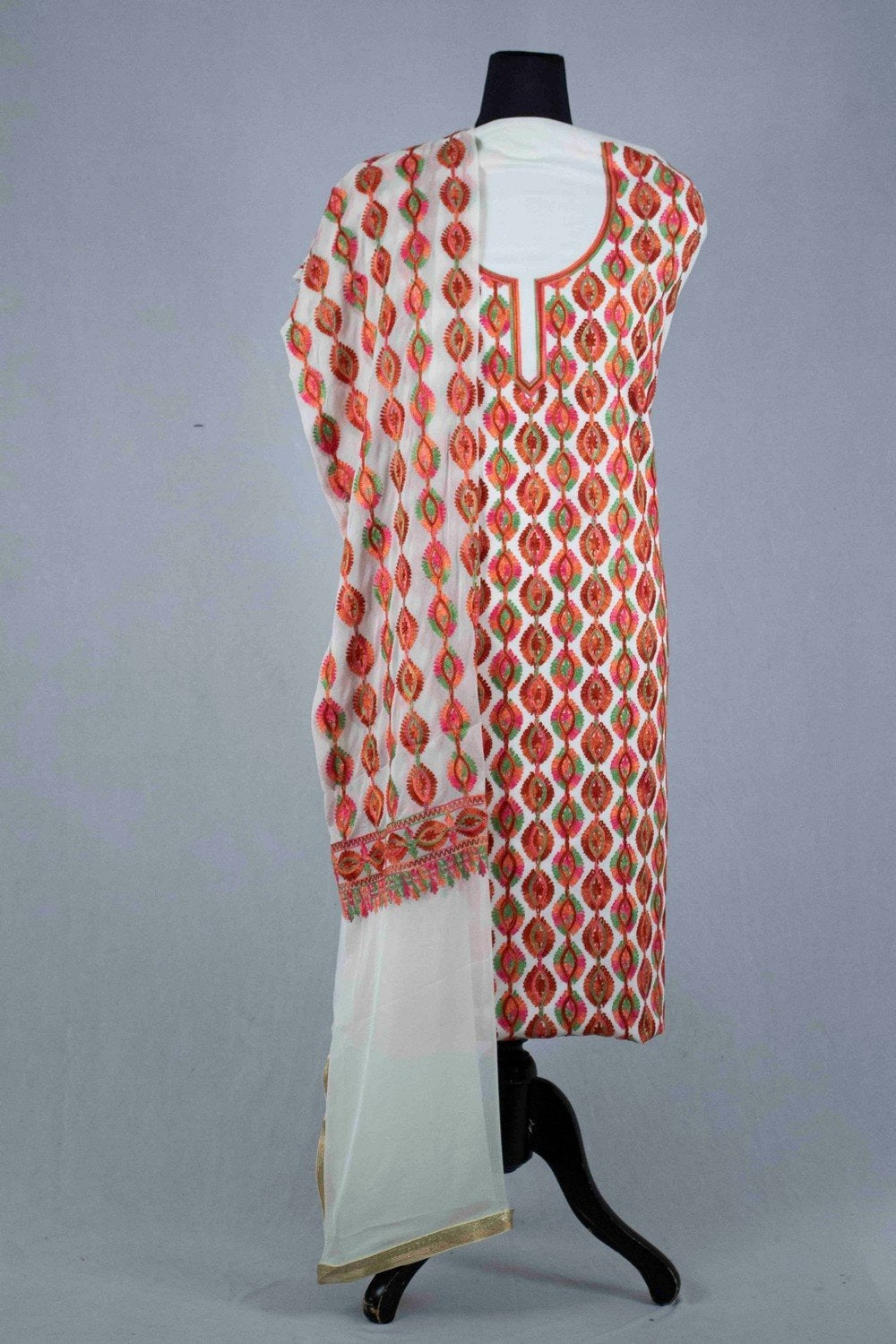 White Color Silk Cotton Kashmiri Embroidered Designer Suit