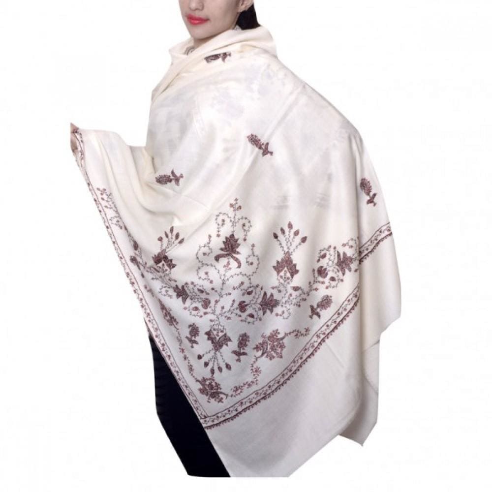 White Color Sozni Work Embroidery Shawl Enriched With Corner