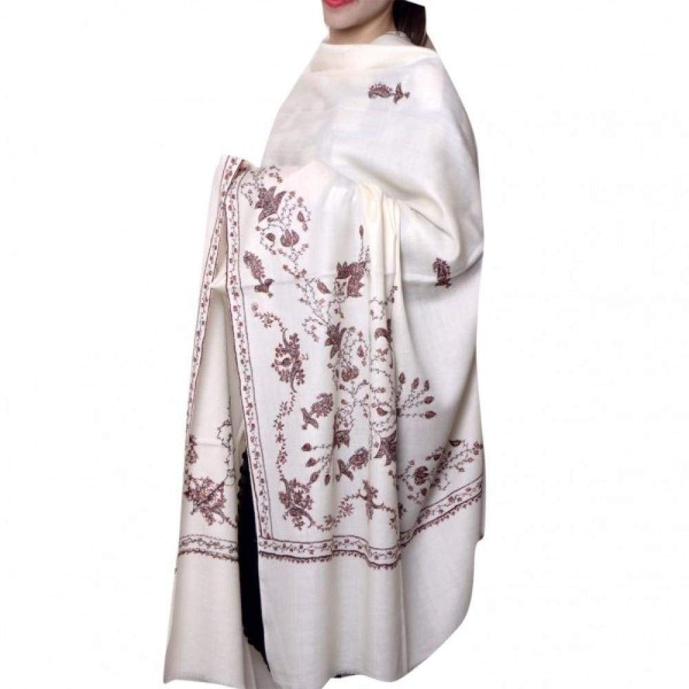 White Color Sozni Work Embroidery Shawl Enriched With Corner
