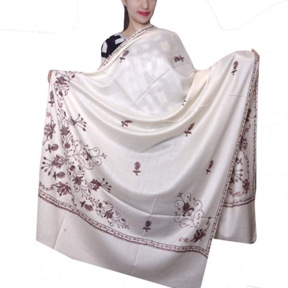 White Color Sozni Work Embroidery Shawl Enriched With Corner