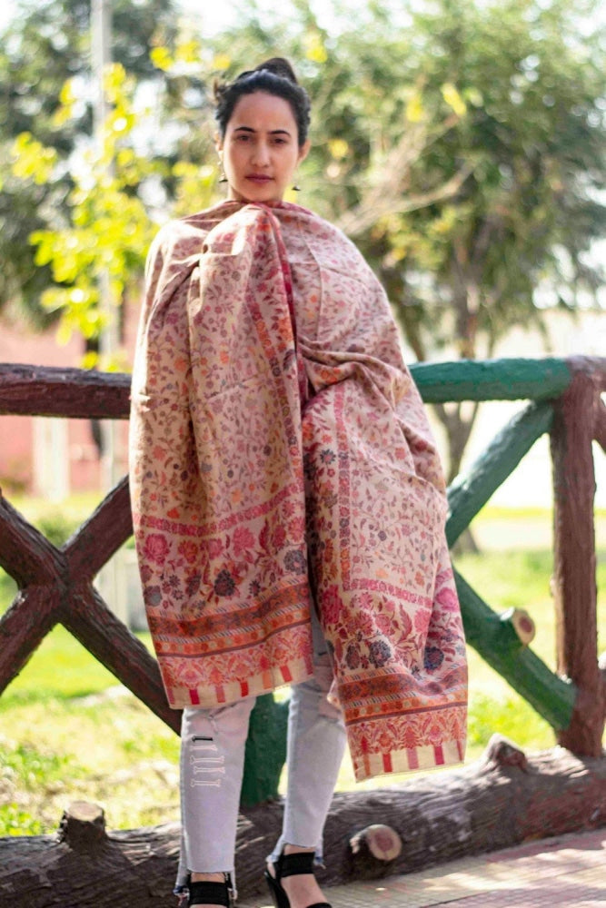 White Colour Beautiful Kani Border And AllOver Multi color