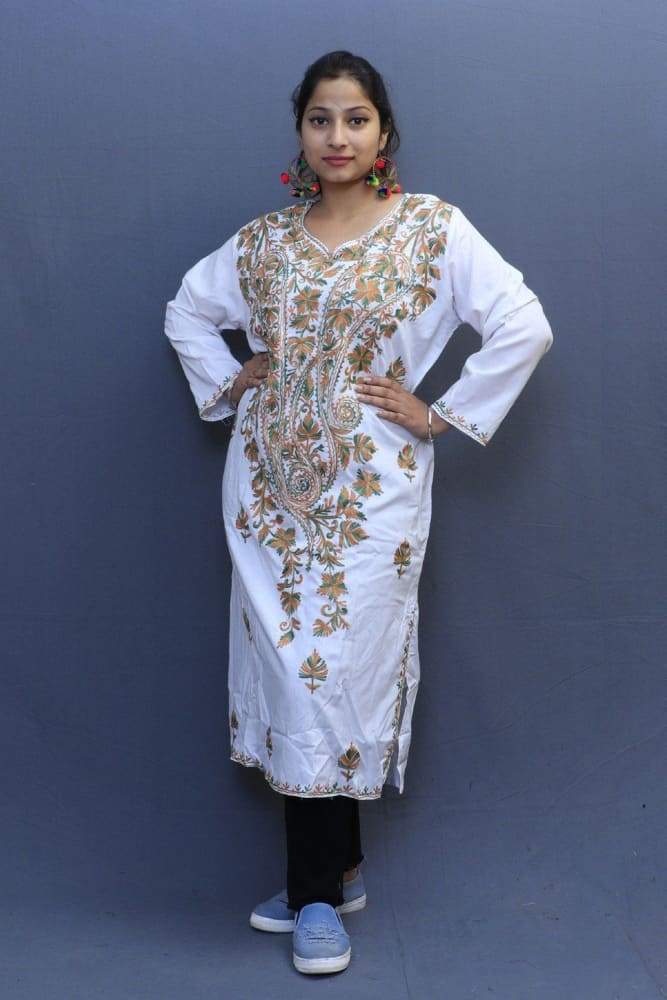 White Colour Cotton Kurti With Fine Woven Kashmiri