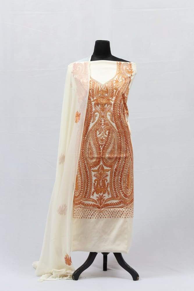 White Colour Kashmiri Aari Work Embroidered Cotton Suit