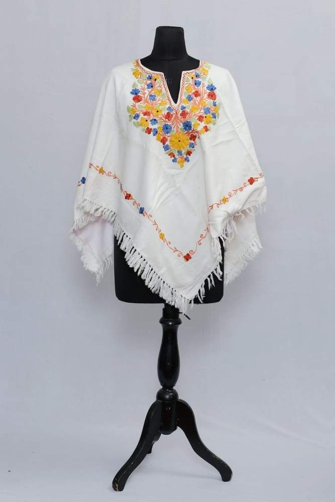 White Colour Ponchu With Elegant Kashmiri Embroidery.