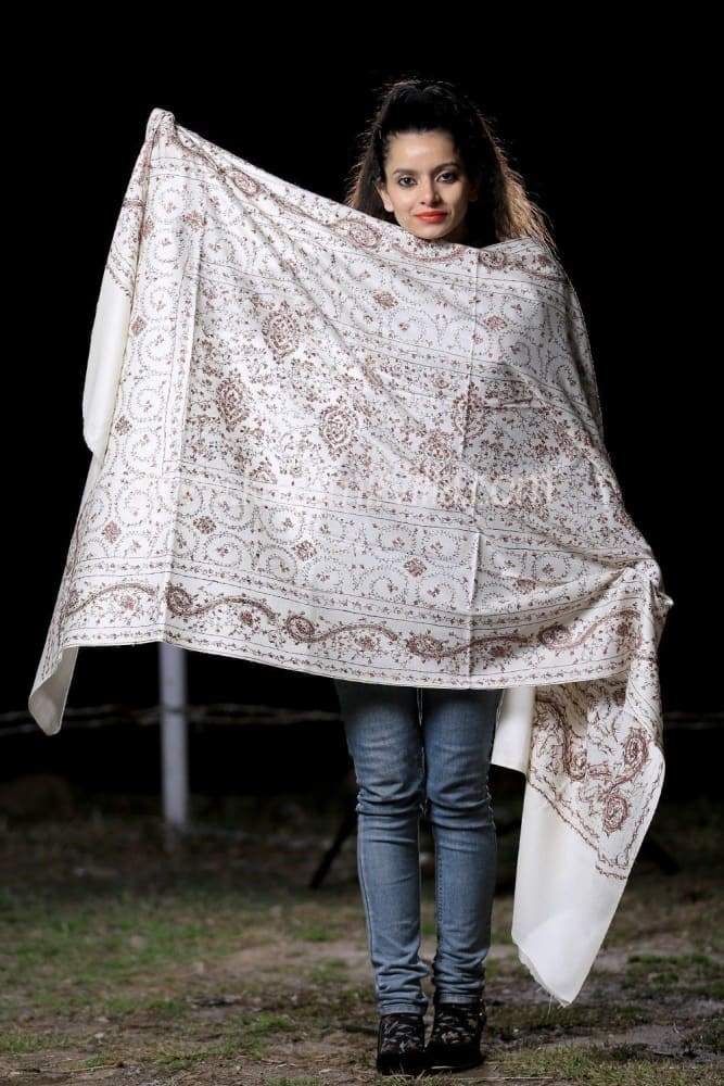 Off White Colour SemiPashmina Shawl With OverAll Jaal Gives