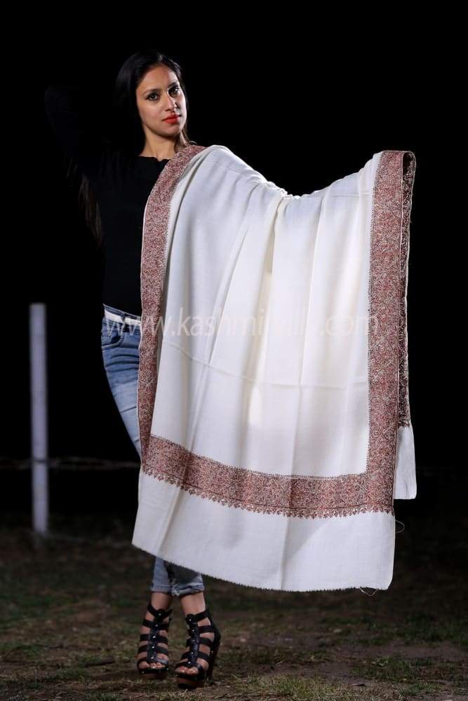White Colour Semi Pashmina Sozni Shawl With Beautiful