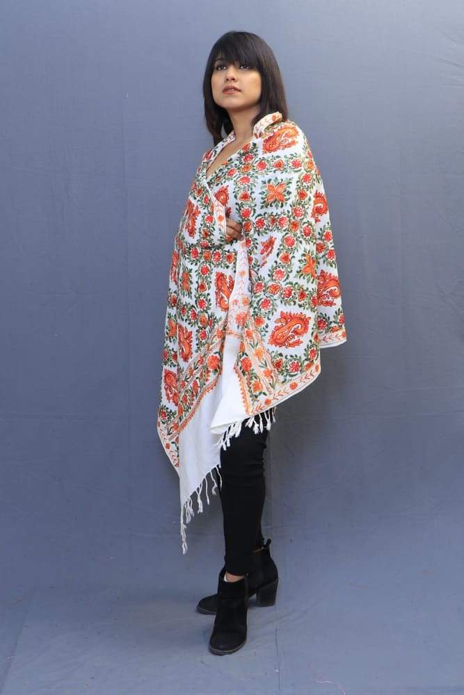 White Colour Stole With Kashmiri Embroidery Compliments