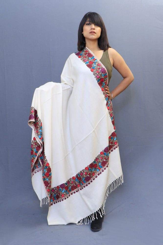 White Colour Stole With Kashmiri Four Sided Border Add