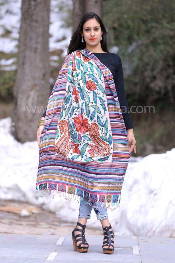White Colour Wool Aari Work Women Designer Stole With Multi