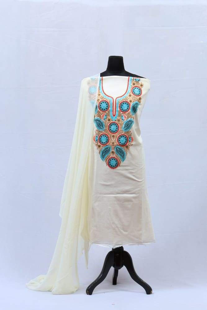 White Colour Wool Aari Work Women Designer Suit With Multi