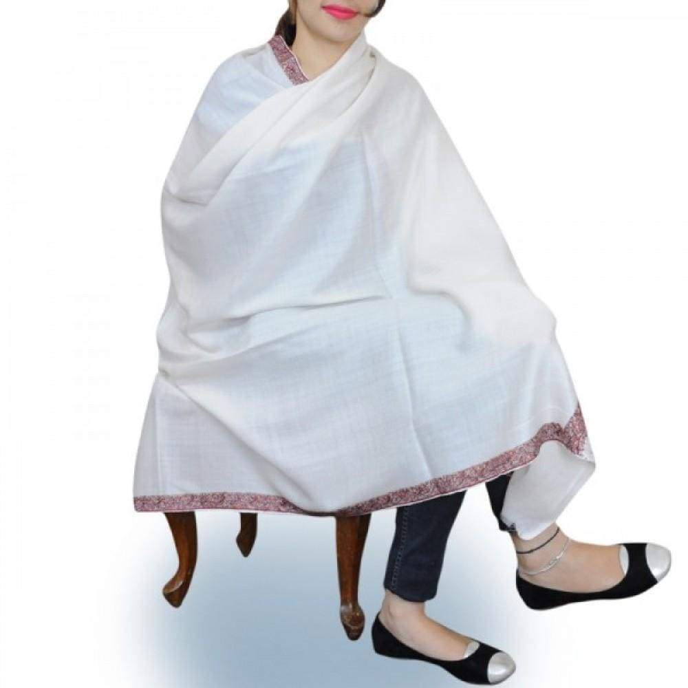 White Colour Wool Sozni Work Women Shawl With Multi colour