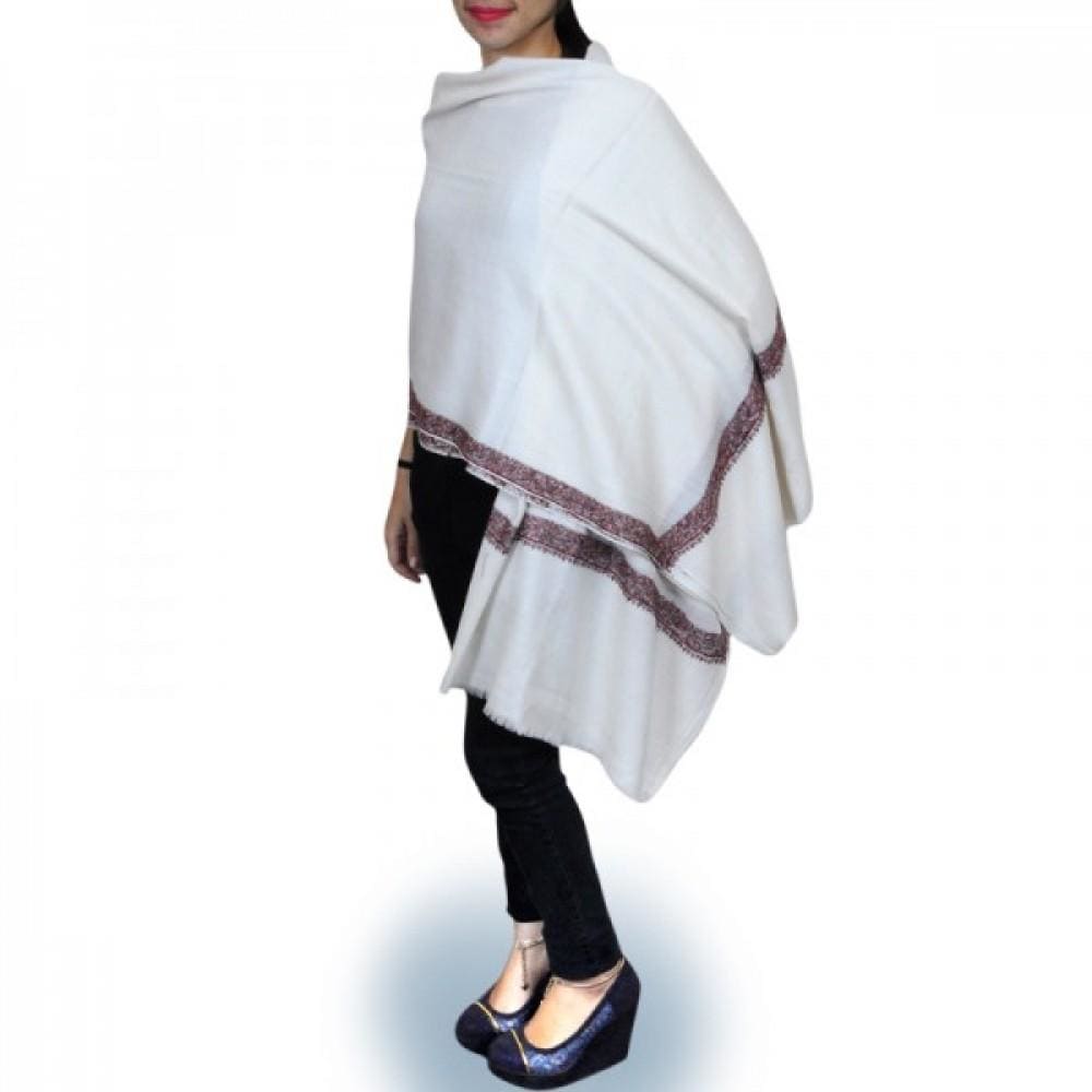 White Colour Wool Sozni Work Women Shawl With Multi colour