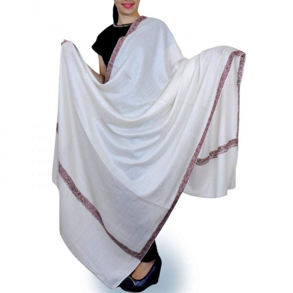 White Colour Wool Sozni Work Women Shawl With Multi colour