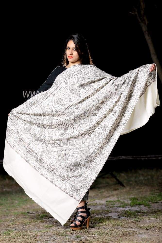 Off White Colour Woolen Shawl With Sozni OverAll Jaal Gives
