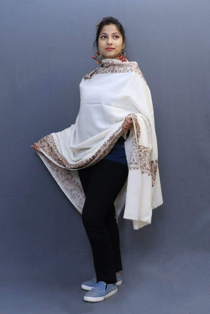 White Colour Wrap With Beige Aari Embroidery Looks Beautiful