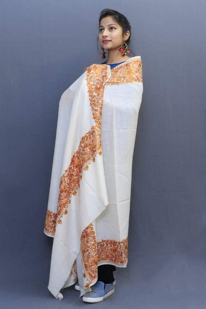 White Colour Wrap With Brown Aari Embroidery Looks