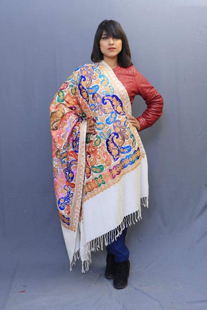 White Colour Wrap With Richly Designed Aari Jaal And Highly