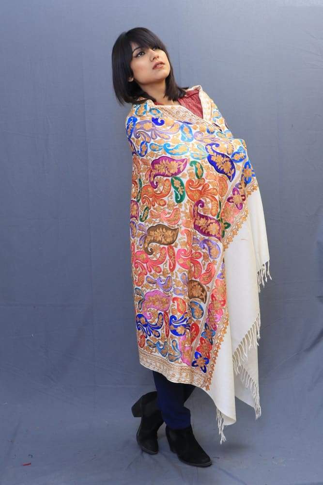 White Colour Wrap With Richly Designed Aari Jaal And Highly