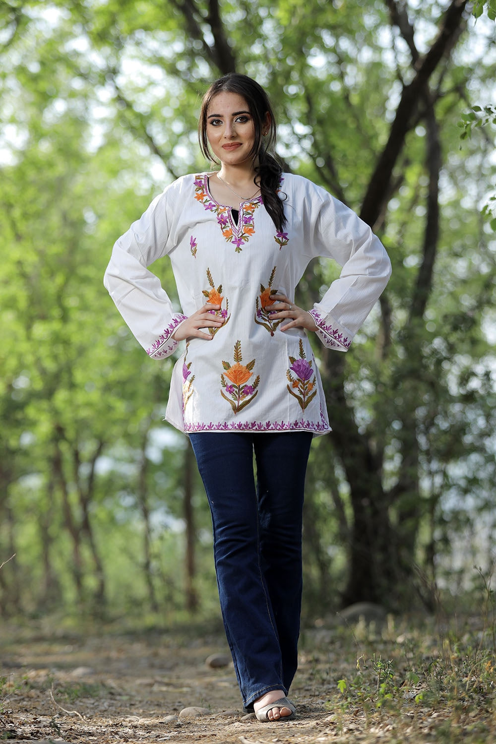 White Cotton Aari Work Kurti With Multicoloured Designer
