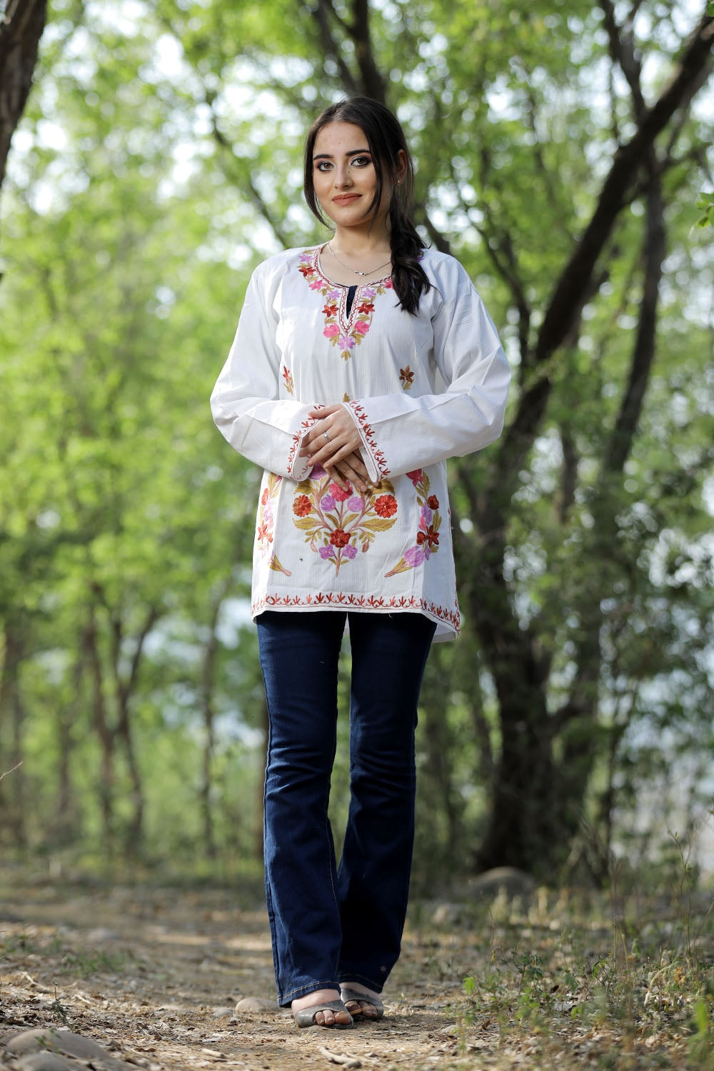 White Cotton Aari Work Kurti With Multicoloured Designer