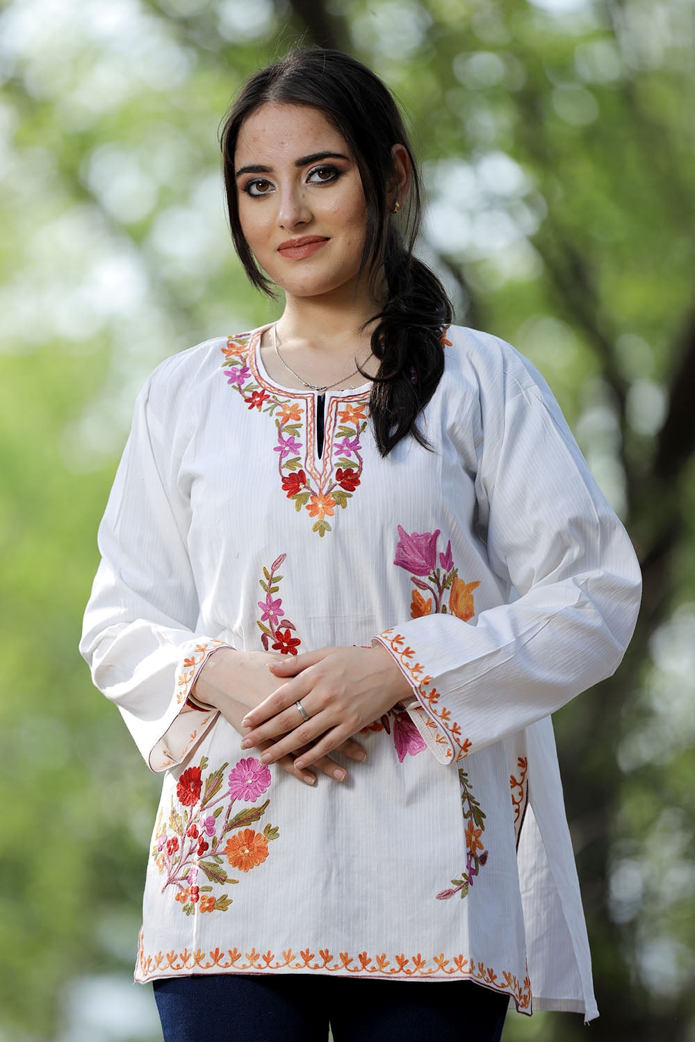 White Cotton Aari Work Kurti With Multicoloured Designer