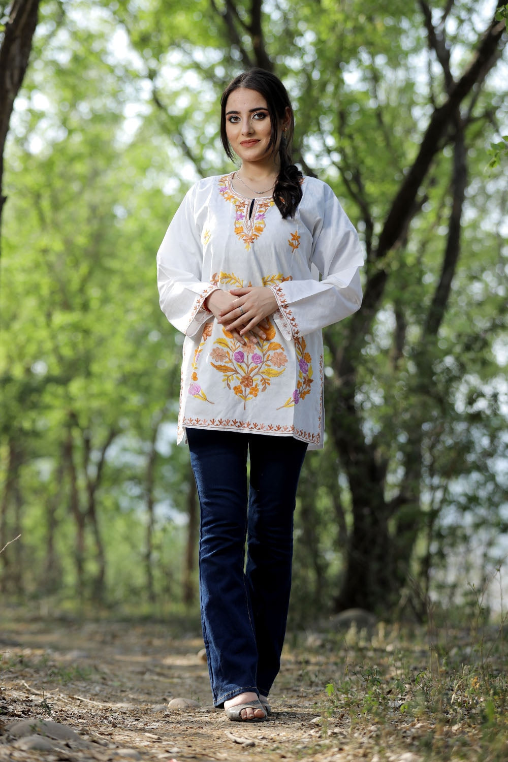 White Cotton Aari Work Kurti With Multicoloured Designer