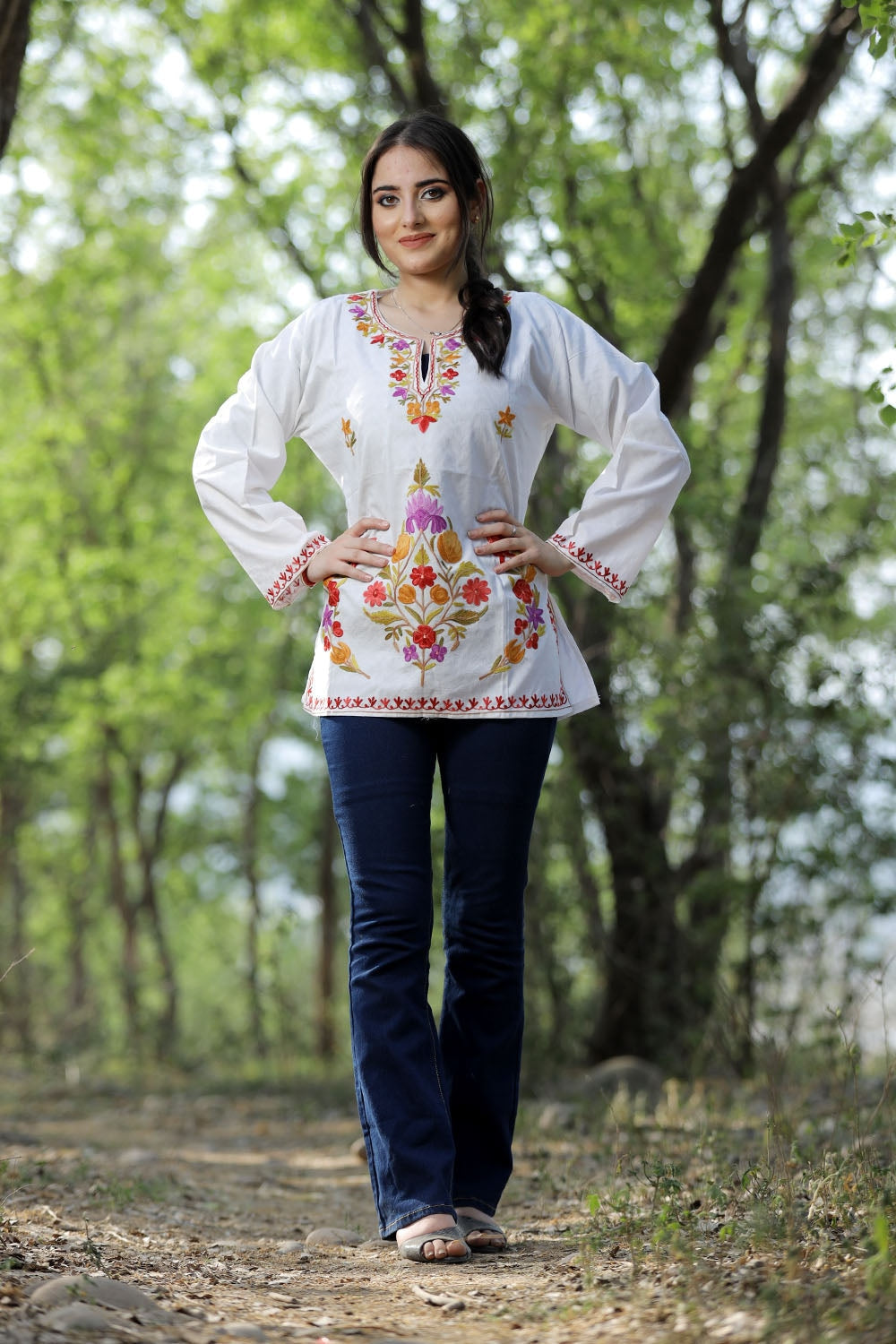 White Cotton Aari Work Kurti With Multicoloured Designer