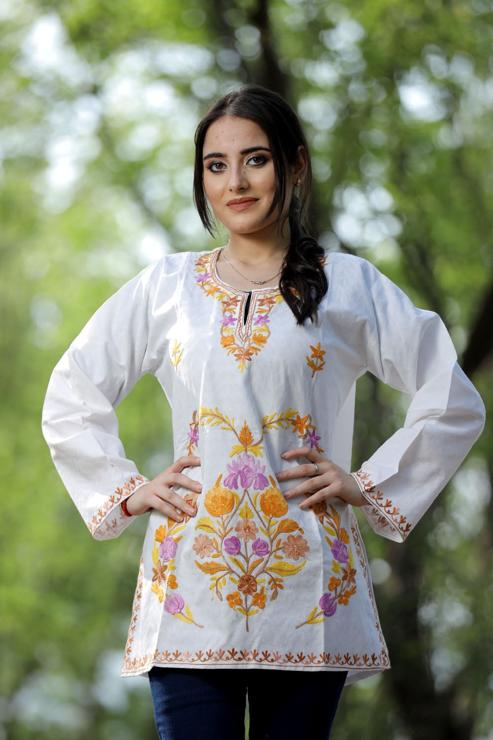White Cotton Aari Work Kurti With Multicoloured Designer