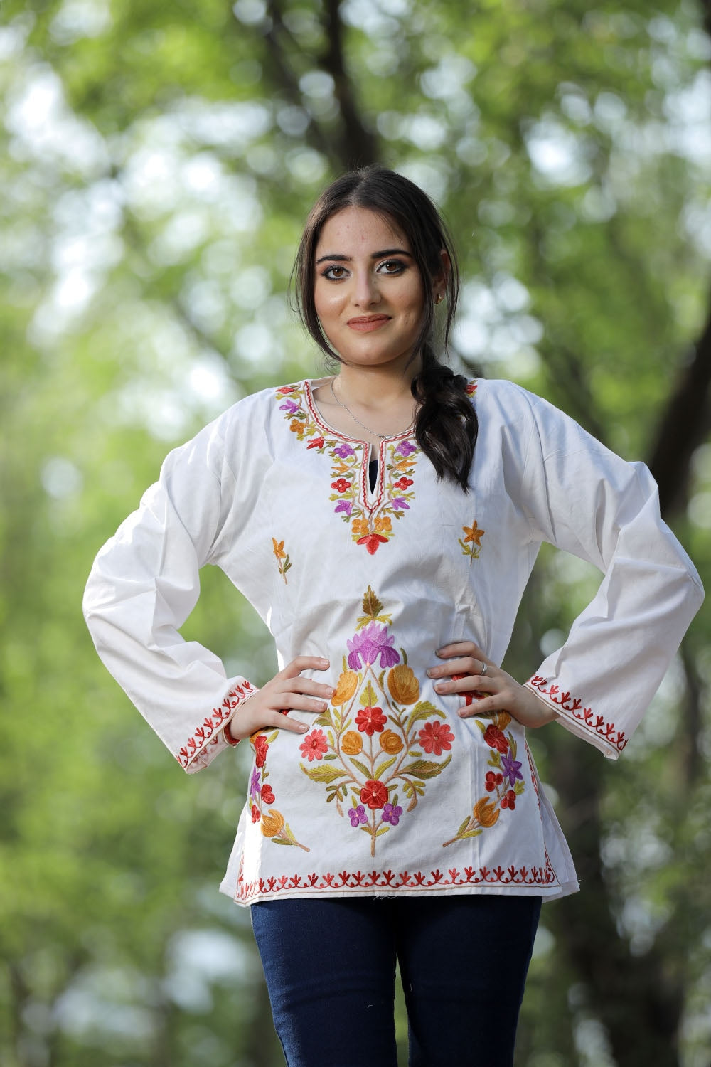 White Cotton Aari Work Kurti With Multicoloured Designer