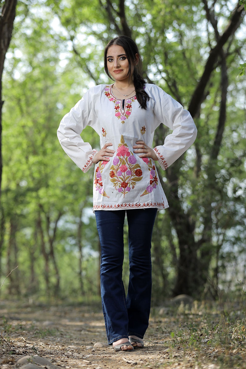 White Cotton Aari Work Kurti With Multicoloured Designer