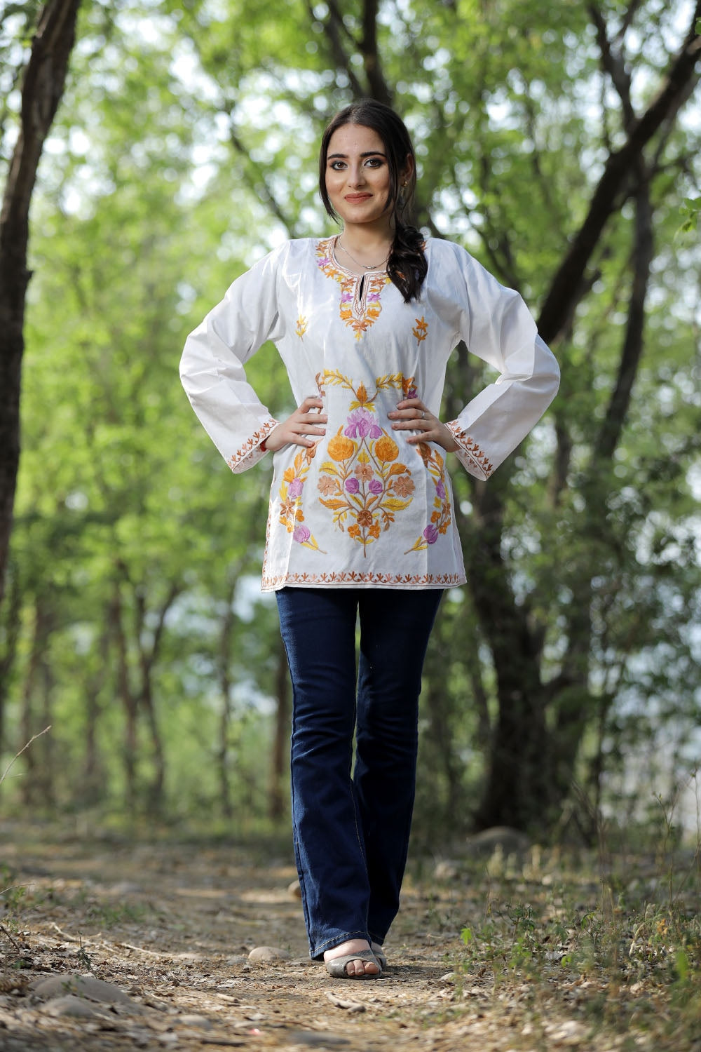 White Cotton Aari Work Kurti With Multicoloured Designer