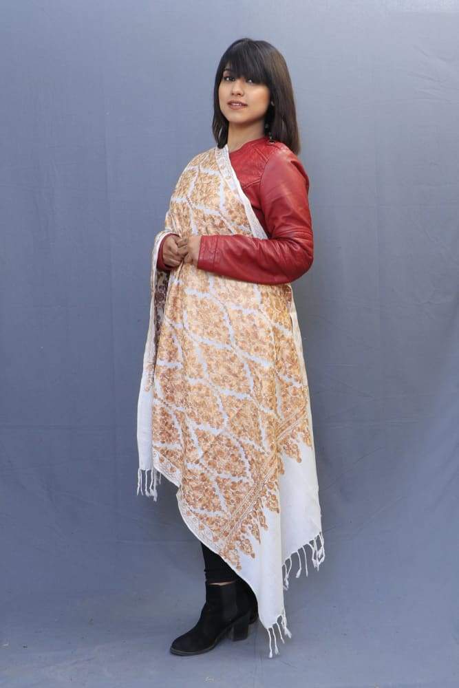 White Golden Colour Stole With Kashmiri Embroidery