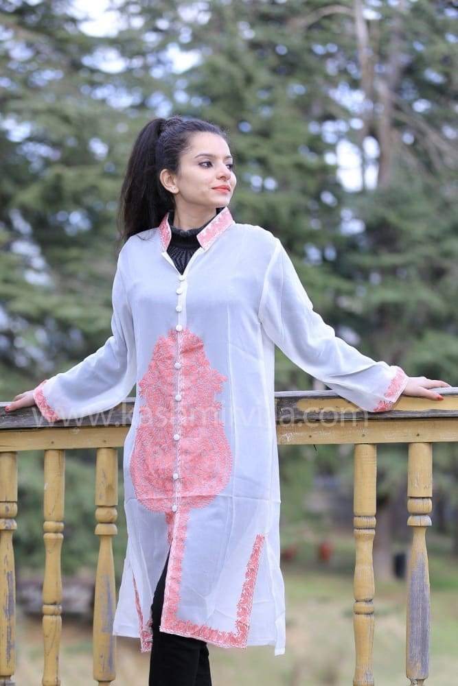 White Pink Colour Georgette Kashmiri Work Designer Tunics
