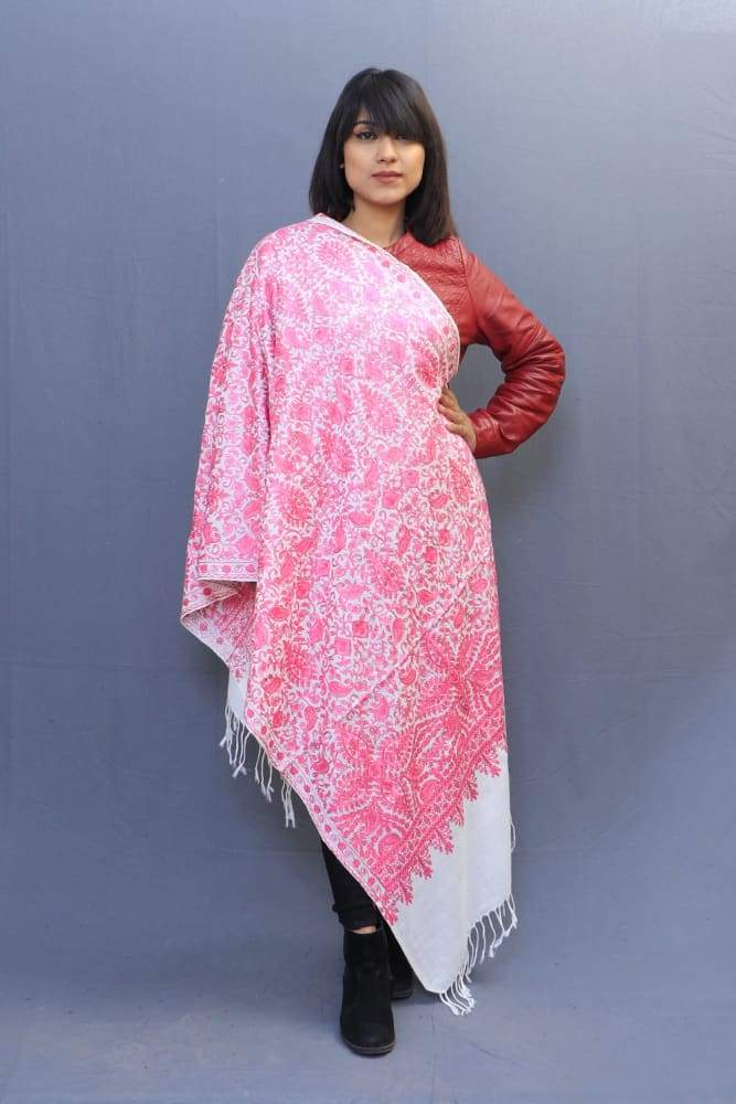 White Pink Colour Stole With Kashmiri Embroidery