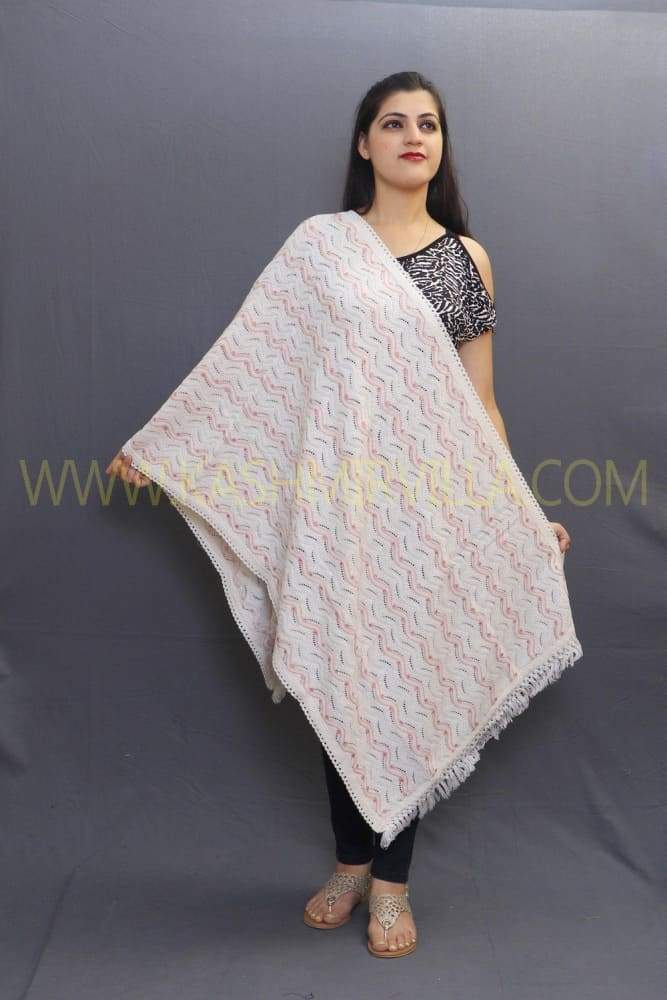 White And Pink Coloured Knitting Stole Enriched With New Zig