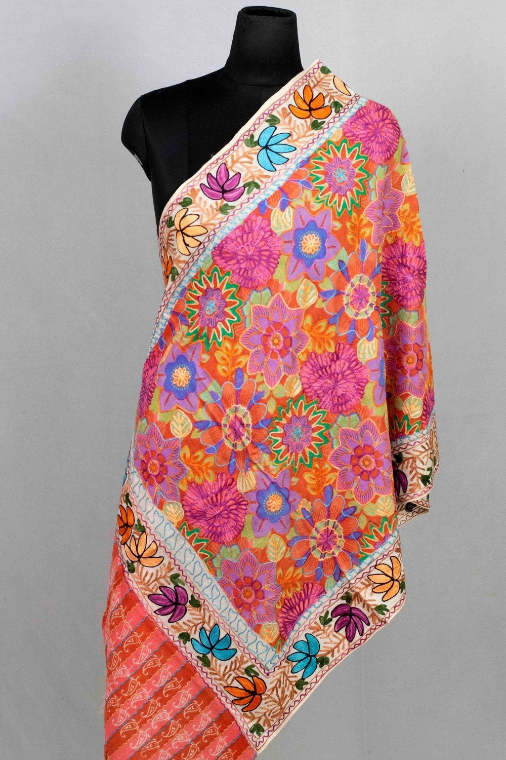 White & Pink Pastel Multicolor Aari Work Embroidered Stole