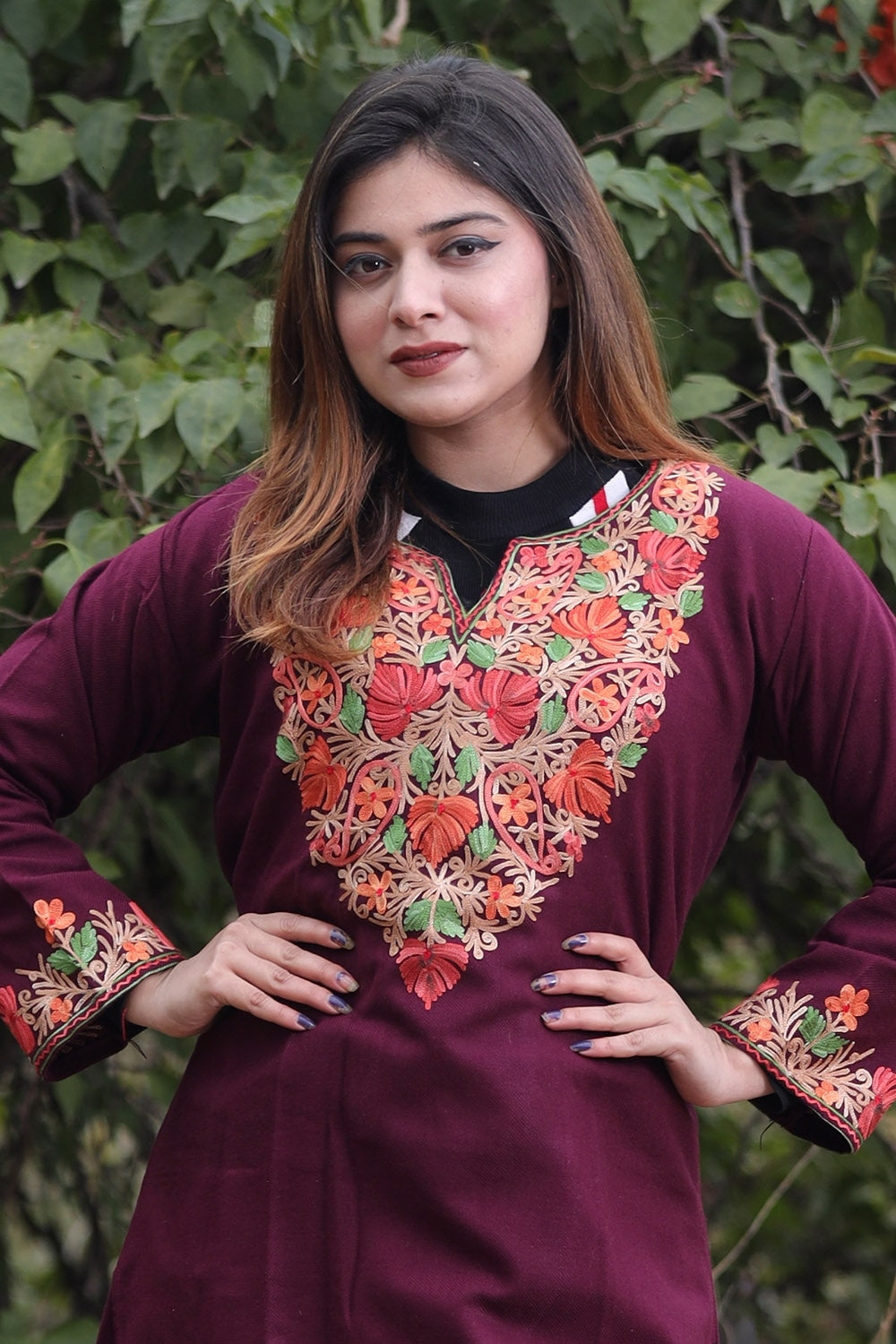 Wine Color Aari Work Embroidered Kurti With New Designer