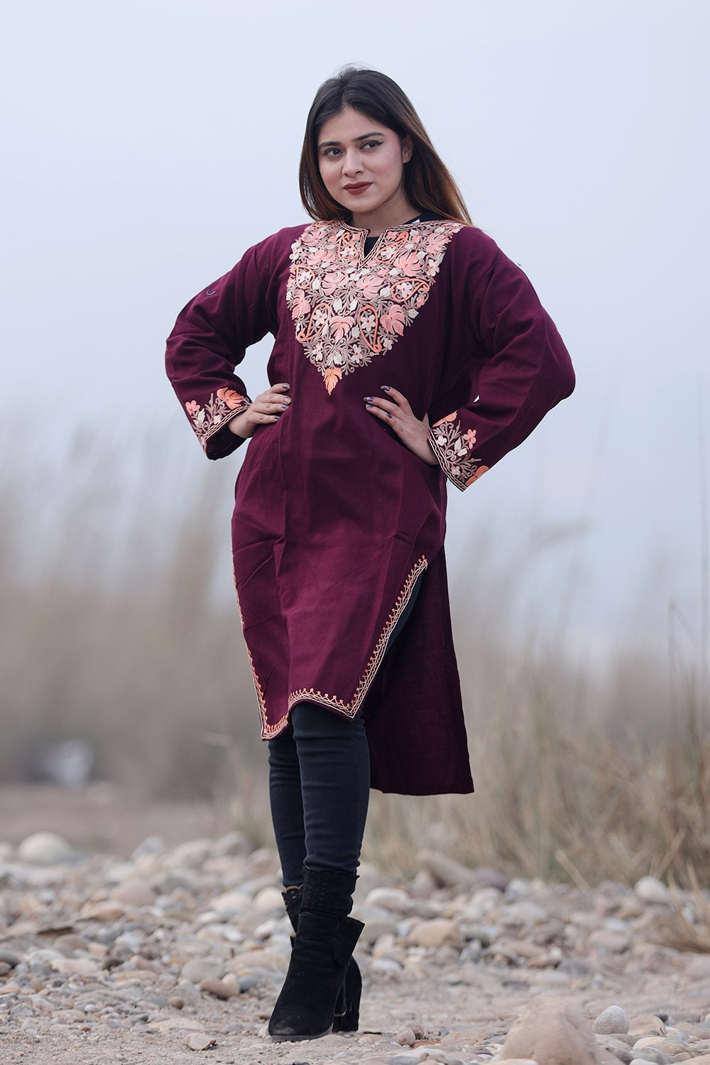 WINE COLOUR AARI WORK EMBROIDERED KURTI WITH NEW DESIGNER