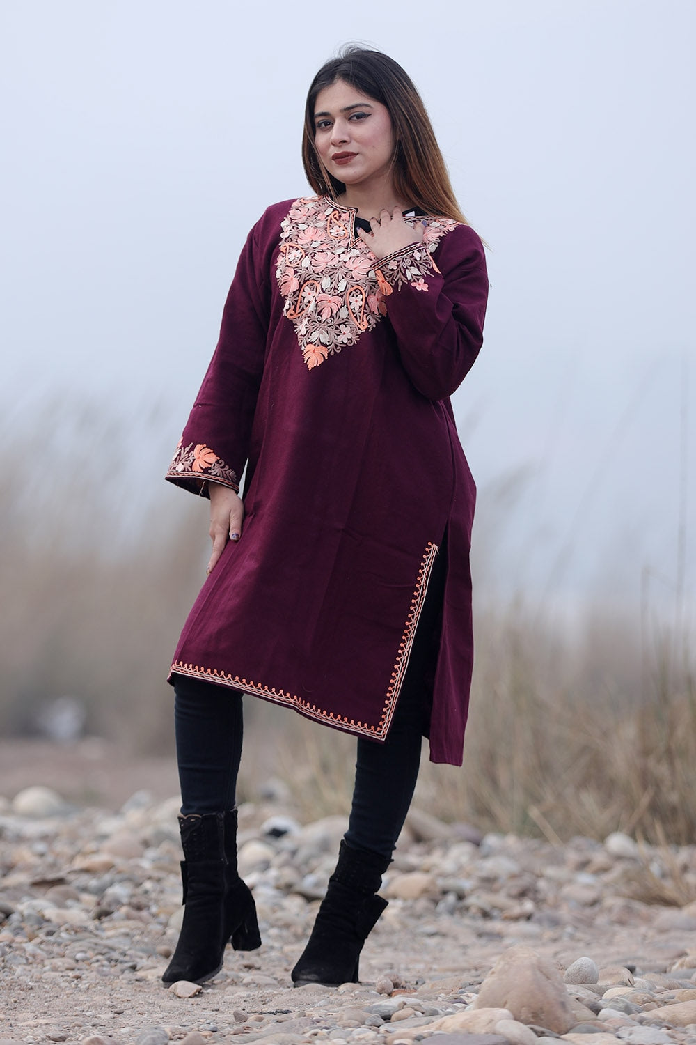 WINE COLOUR AARI WORK EMBROIDERED KURTI WITH NEW DESIGNER