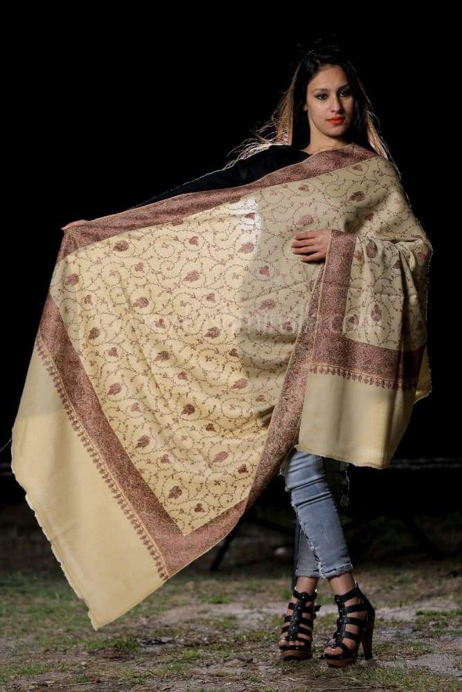 This Woolen Base Beige Colour Sozni Shawl With Richly Wooven
