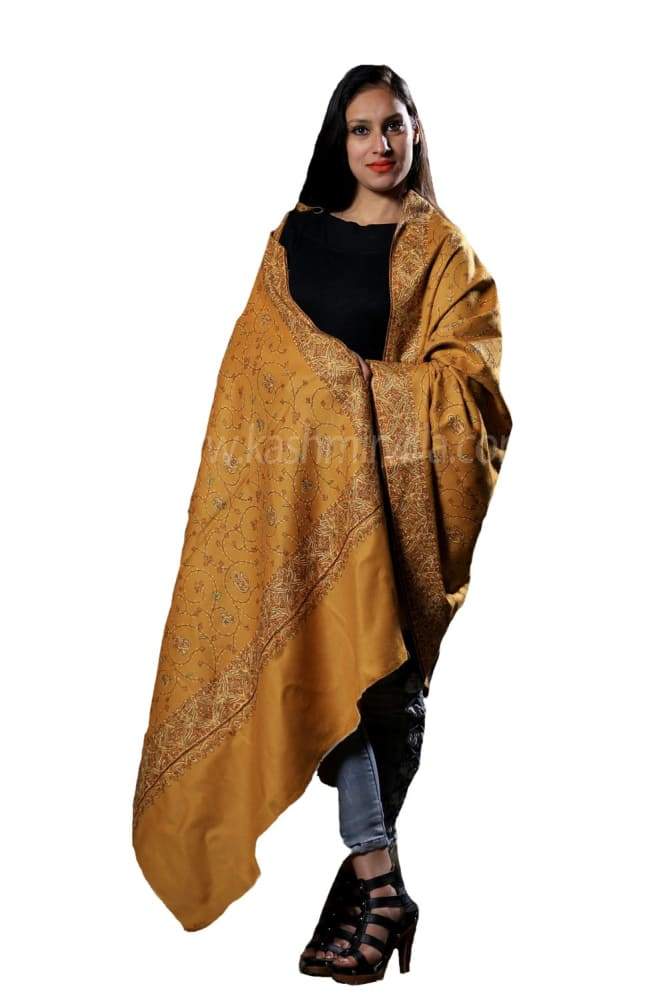 This Woolen Base Mustard Colour Sozni Shawl With Richly