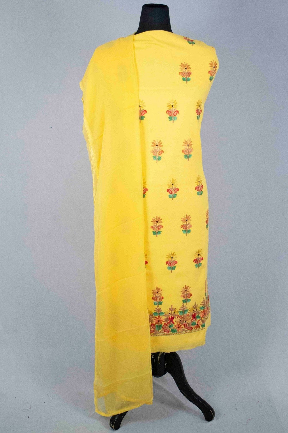Yellow Aari Work Salwar Kameez With Zari Neckline Embroidery