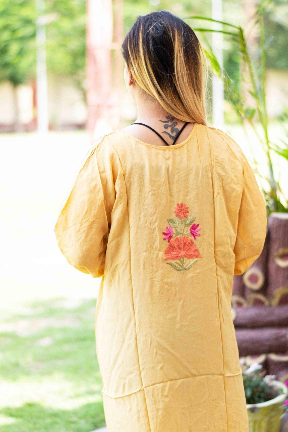 Yellow Beige Kashmiri Crepe Kurti With Beautiful Aari