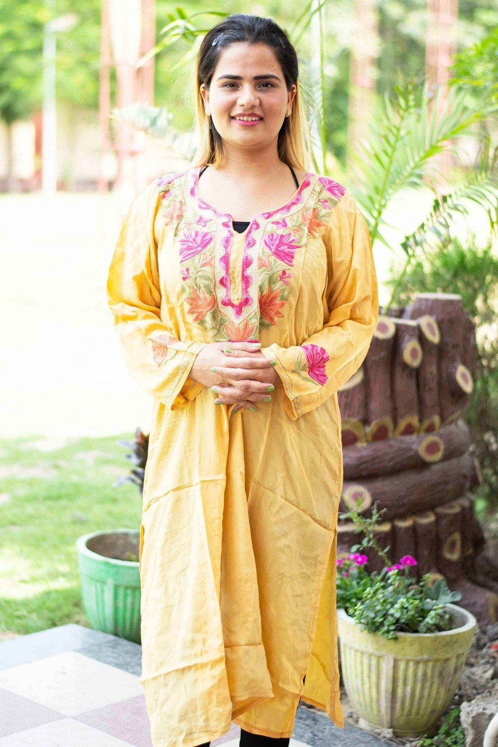 Yellow Beige Kashmiri Crepe Kurti With Beautiful Aari