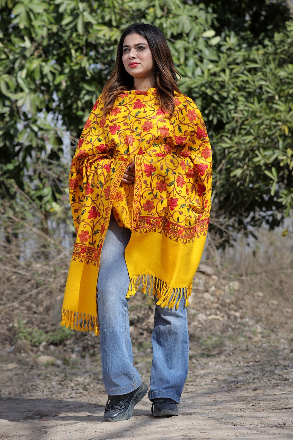 Yellow Color Aari Work Embroidered Shawl Enriched