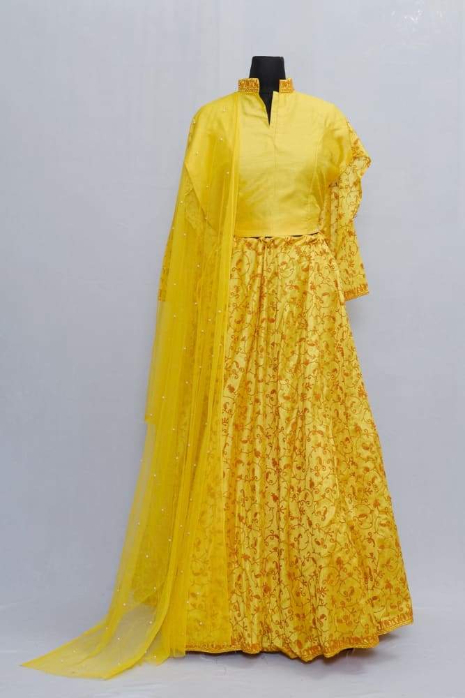 Yellow Color Kashmiri Embroidered Skirt With Crop Top