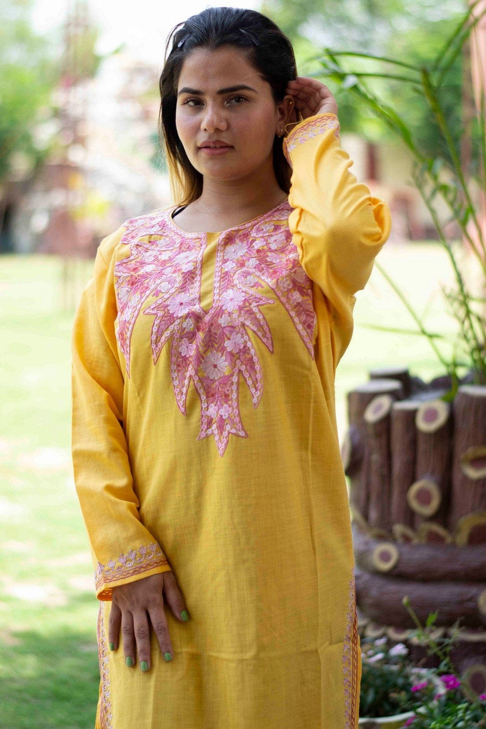 Yellow Colour Cotton Kurti With Beautiful Aari Embroidery
