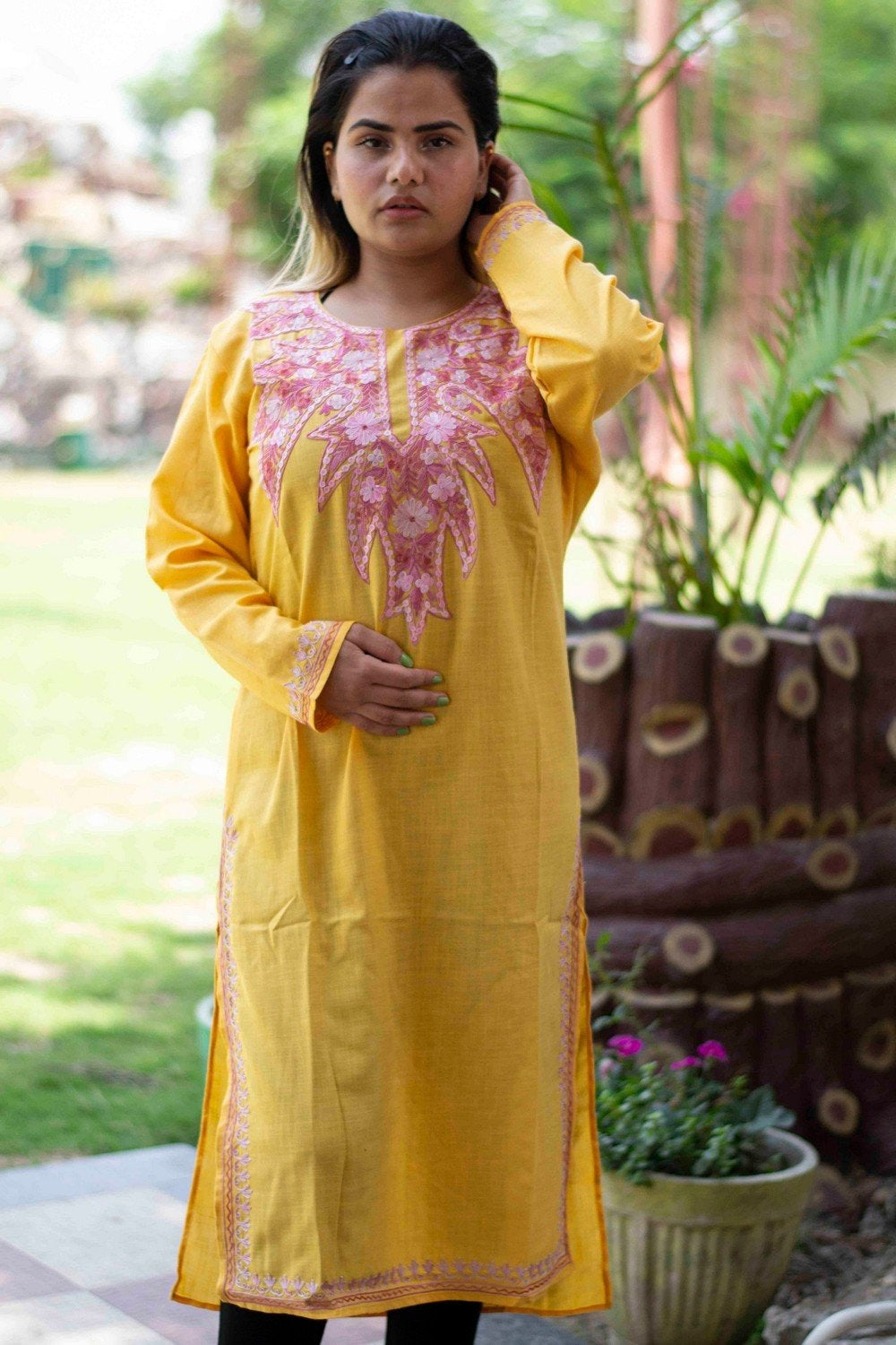 Yellow Colour Cotton Kurti With Beautiful Aari Embroidery
